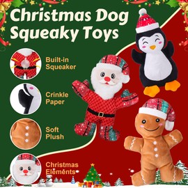 Newget Christmas Dog Toy with Squeaker, 3 Pack Dog Chew Toys with Rope Clean Teeth, Cute Dog Squeaky Toys with Cotton Material, Interactive Durable Dog Plush Toy for Small, Large Dog