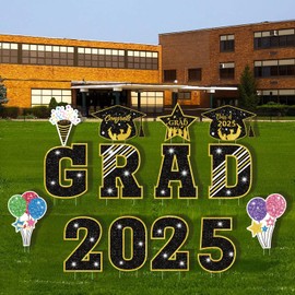 Graduation Yard Signs Class of 2025, 14PCS Waterproof PP Safe Material Outdoor Graduation Decorations Lawn Sign with Stakes, 15 Inch Large Outside Congrats Grad Decor for College School Party Black
