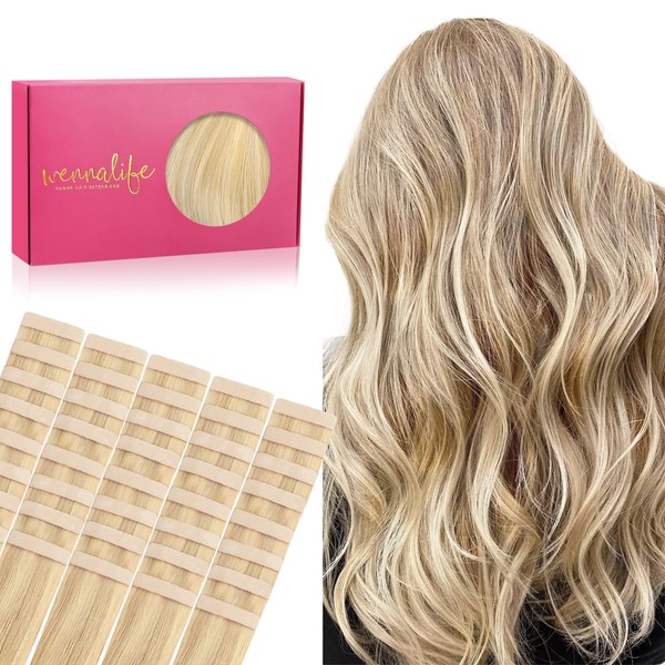 WENNALIFE Tape-In Real Hair Extensions, 40 Pieces, 100 g, 45 cm / 18 Inches, Light Blonde Highlights Golden Blonde Hair Extensions, Real Hair Extensions, Invisible Tape-In Extensions, Real Hair, Silky
