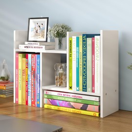 YSJILIDE Wood Adjustable Small Desktop Bookshelf, Expandable Desktop Storage Organizer, Desktop Organizer Office Storage Rack, Display Shelf Rack, Office Supplies Desk Organizer(White)