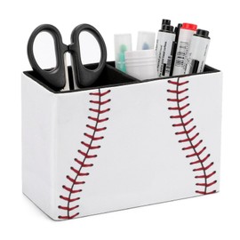 Quteprint Pen Holder, Pencil Holder for Desk Organizer, Baseball Lace Sport Ball PU Leather Pencil Cups Desktop Stationery Storage Makeup Brush Holder Pen Organizer for Office Home