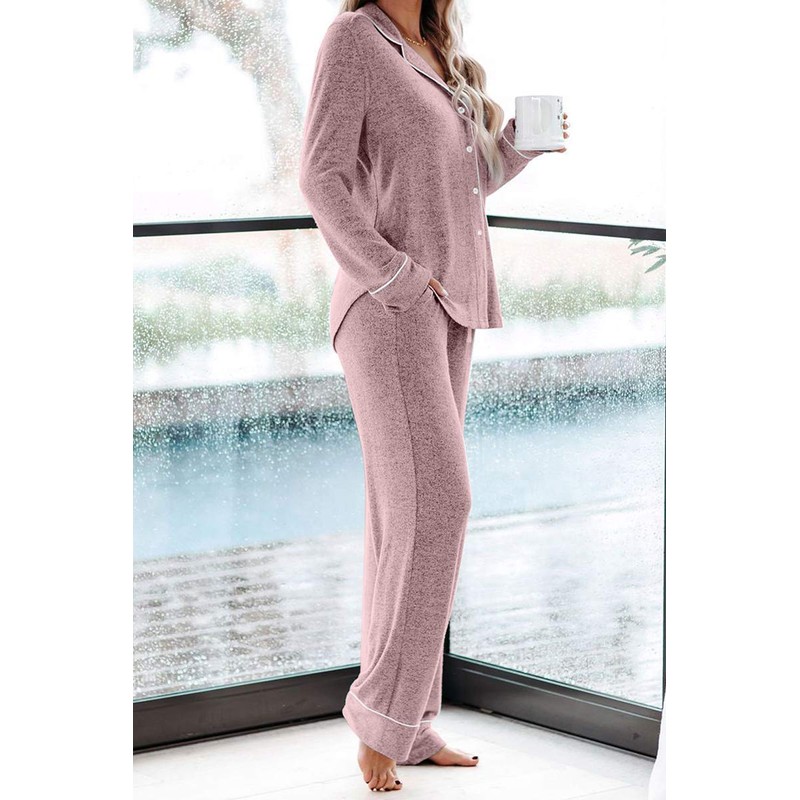 Aamikast Women's Two-piece Classic knit Pajama Sets Long Sleeve Button