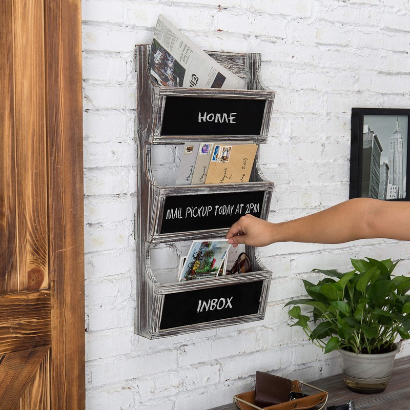 MyGift Wall Mounted Torched Solid Wood Magazine and Mail Holder