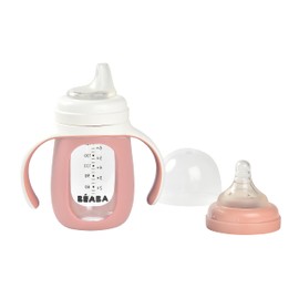 BEABA 2 en 1 Biberón de Vidrio a Vaso de Entrenamiento de Vidrio, Vaso de Aprendizaje, Biberón con Tetina de Silicona Suave y Pico para Sorber, Bebé, Niño Pequeño 7 oz (Rosa)
