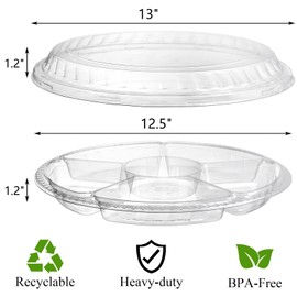 Lawei 30 Pack 12.5 Inch Plastic Appetizer Tray with Lid, 6 Sectional Round Plastic Serving Tray, PET Food Serving Dip Platter, Disposable Fruit Vegetable Trays Storage Containers for Party Buffet