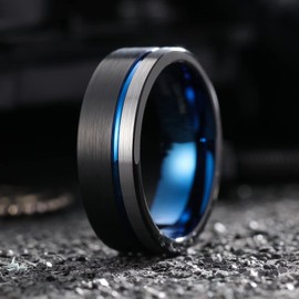 King Will Loop Black Mens Tungsten Ring Blue Groove Wedding Band for Men Women 8mm Thin Inner Blue Centre Groove Surface Black Silver Plating Comfort Fit 14