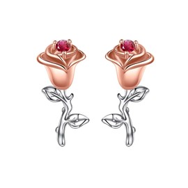 Iefil July Birthstone Ruby Earrings for Women, 925 Sterling Silver Rose Flower Stud Earrings for Women Red Earrings Jewelry Mothers Day Birthday Gifts for Women Her