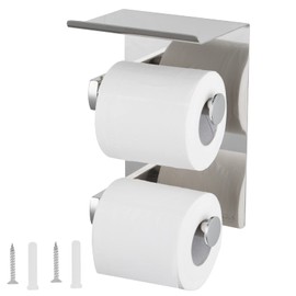 SCDGRW Brushed Nickel Toilet Paper Holder with Shelf – 304 Stainless Steel Wall Mount Stacked Double Roll Holder, Fits Mega Rolls & Holds Phone – Space-Saving Bathroom Organizer