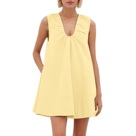 Lenader Women's Sleeveless Babydoll Tank Mini Dress Scoop Neck Ruched Bubble Dress with Pockets Short Summer Going Out Party Dresses Size S Yellow