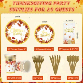 175pcs Thanksgiving Party Plates and Napkins Set, Fall Maple Leaves Party Supplies Disposable Fall Dinnerware Paper Plates Napkins Cups Knives Spoons Fork for Fall Give Thanks Party Decorations