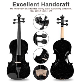 Poseidon Violin 4/4 Full Size Set, Black Violin for Beginners Adult Kid, Stringed Musical Instrument w/Case, Extra Violin 4/4 Strings Set, Violin Bow, Horse Bridge, Rosin, Shoulder Rest, Tuner, Manual