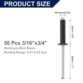 sourcing map 50Pcs 3/16"x3/4" Aluminum Blind Rivets, Aluminum Grip and Steel Mandrel, Dome Head Long Split Rivets for Metal, Furniture, Automotive, Black