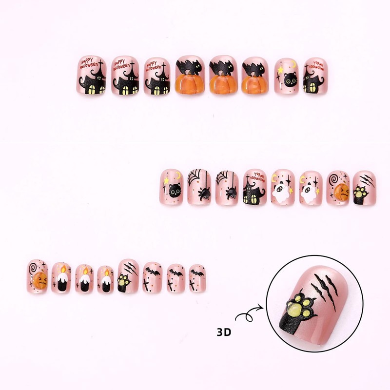 24Pcs 3D Pumpkins Short Square False Nails Halloween Press on