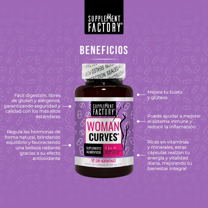 Supplement Factory Woman Curves Mejora Aumenta Busto Glúteos Cápsulas Ingredientes