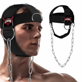Head Harness Weightlifting Gym Training Neck Builder Belt Neoprene Padded Adjustable Heavy Duty Long Steel Chain Resistance Training Muscle Strength Adult Boxing Workout Gym Equipment (Black)