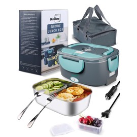 Buddew Electric Heated Lunch Box for Adults - 80W Fast Heating, 1.5L Food-Grade Stainless Steel, 12V/24V/110V Portable Food Warmer for Work Travel Car, Lonchera Electrica Portatil (Blue)