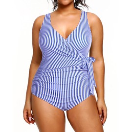 Yonique Plus Size One Piece Swimsuits for Women Tummy Control Bathing Suits Full Coverage Swimwear Blue Stripe 18W