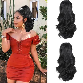 Fulang Hair 2 Pieces Ponytail Hair Extensions, Ponytail Hairpiece, Braid Clip-In Extensions, Voluminous Claw on Synthetic Hair, Wavy (1B#)