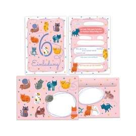 12 Invitation Cards for 6th Children's Birthday Girls Boys Cats Cats Including 12 Envelopes, 12 Bags/Natural, 12 Stickers