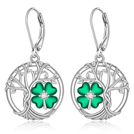 St Patricks Day Shamrock Earrings for Women Sterling Silver Tree of Life Earrings 4 Leaf Clover Pendant Good Lucky Irish Shamrock Green Clover Jewelry Holiday Gifts