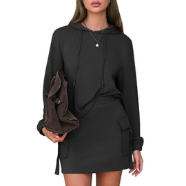 EXLURA Women Two Piece Sets Cotton Sweatsuits Hooded Sweatshirt Cargo Skort Skirt Fall Tracksuit Casual Tennis Outfit Pockets, Black, X-Small