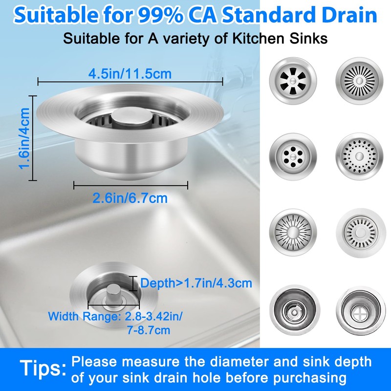 Telsitine Upgraded 3-in-1 Kitchen Sink Drain Strainer, 304 Stainless Steel