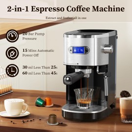Xbeauty Espresso Machine 20 Bar, Semi-Automatic Professional Coffee Machine for Cappuccino & Latte with Milk Frother Steam Wand,LCD Display,45 oz Removable Water Tank,NTC Digital Temp Control,Black