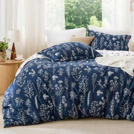 Bedsure Queen Comforter Set - Navy Bed Set, 3 Pieces Cute Floral Bedding, 1 Soft Reversible Botanical Flowers Comforter and 2 Pillow Shams