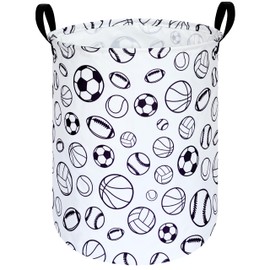 KUNRO Round Laundry Gift Basket Storage Hamper, Clothes Storage Organizer Bins, Shelf Basket with Handles for Room Decor (Sports ball)