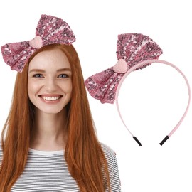 HOXIEYA Valentine's Day Headband Pink Bow Headband Heart-shaped Glitter Hairband Romantic Valentines Hair Hoop for Women Party Birthday Valentine's Day Hair Accessories
