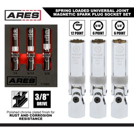 ARES 11080 – 3-Piece Spring Loaded Universal Joint Magnetic Spark Plug Socket Set – 3/8-Inch Drive – Spring Loaded Design Keeps U-Joints Steady – Magnetic Sockets Easily Access Recessed Spark Plugs