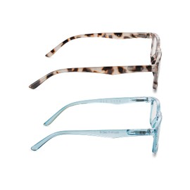 Rae Dunn "LOU Blue Light Blocking Reading Glasses - 2 Pack w/READ MORE Signature Font Hard Case (Milky Tortoise/Crystal Dusty Blue, 1.5)