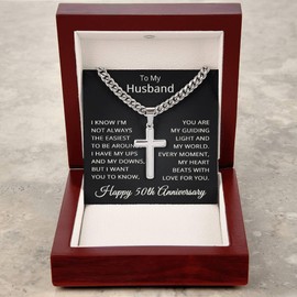 50th Anniversary Necklace for Husband 50 Years Anniversary Jewelry for Him Men Cuban Link Chain with Cross Pendant Standard Box