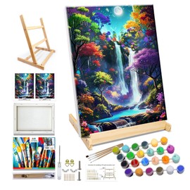 JOOZ Landscape Paint by Numbers Kit for Adults Waterfall Paint by Number with Frame Flowers Paint by Number with Easel Moon Paint by Number for Adults for Home Wall 12x16 Inch