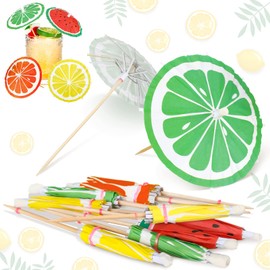 50 Pieces Drink Umbrellas Cocktail Picks Parasol Cocktail Umbrellas Sticks with Wood Toothpicks for Summer Rainbow Lemon Cupcake Toppers Umbrella Handmade Sticks Summer Hawaiian Party (Lemon)
