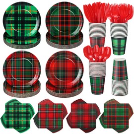 Maxdot 288 Pcs Christmas Plaid Tableware Supplies Red and Green Plaid Paper Disposable Plates Cups Napkins Plastic Forks Knives Spoons for 48 Guests Xmas Holiday Party Dinner Supplies Decorations