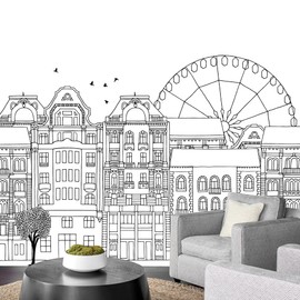 NWT Wall Murals for Bedroom Sketch Architectures Abstract Removable Wallpaper Peel and Stick Wall Stickers - 100x144 inches