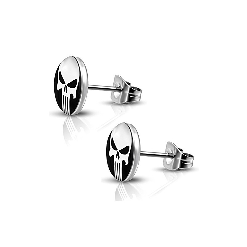 Stainless Steel Punisher Skull Round Circle Button Stud Post Earrings,