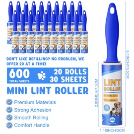 Hushee 20 Pcs Mini Lint Roller Bulk for Travel Small Lint Removers for Pet Hair and Clothes, 20 Rolls, 600 Sheets, Travel Size Removers Sticky Removing Tool for Travel, Gift Bags, Furniture, Car Seat