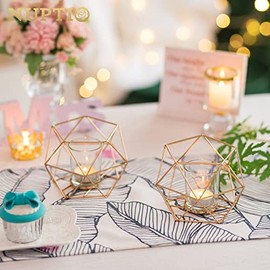 NUPTIO - Candelabros votivos para velas de té y velas de pilar, soporte de vela geométrico dorado para decoración de mesa de boda, recepción, regalos de fiesta de cumpleaños, centro de mesa del hogar