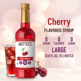 Matteo's Sugar-Free Fruit Syrup, Sweeteners for all types of Beverages - for Pastry, Dessert, Kitchen, Restaurant and Bars, Deep Succulent Cherry Flavor, Tart, Sweet Non-Alcoholic Syrup (33.8oz - 6pk)