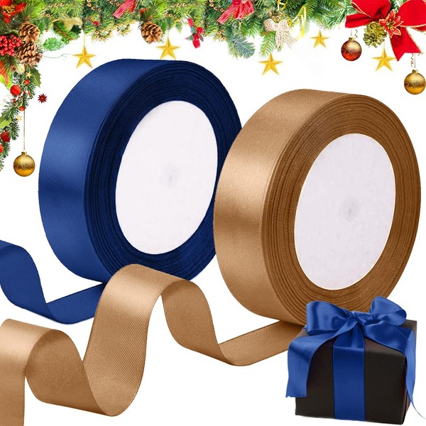 Ruban pour Emballage Cadeau, Satin Ruban de Noël pour Bricolage, Rubans Champagne Or et Bleu 25mm Large pour la Fabrication de Couronne de Gâteau d'arbre de Noël Décoration de Mariage, 22 M x 2 Roll