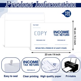 Sayglossy 100 Pcs 9 x 6.3 Inch Income Tax Return Envelopes - Security Booklet Envelopes for Tax Preparers, Office, Business, Catalog, Legal Document, Mailing, White, 23lb
