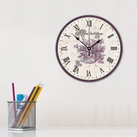 Silent Wall Clock Battery Operated Non Ticking Purple Flower God Bless Our Home Retro Wall Clocks Wood Panel Floral Plants Wall Decor for Warehouse Patio Dining Room 12 Inch