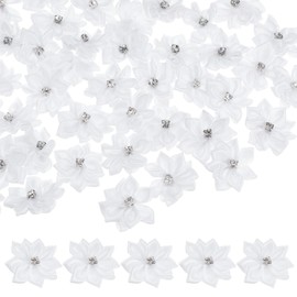 M METERXITY 200-Pack Satin Ribbon Flowers, 1.2 Inch Mini Fabric Flowers with Rhinestones Flower Ribbon Appliques for Crafts DIY/Wedding/Ornament/Party/Home [White]