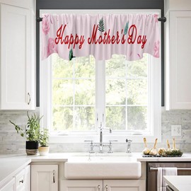 DOTOOMA 54x18 Inches Happy Mother's Day Window Treatment Valance Pink Roses Ribbon Green Leaves Petal Theme Polyester Fabric Decorations Supplies Kitchen Dining Room