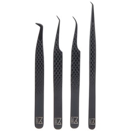 M LASH Set Of 4 Diamond Grip NANO Fiber Tip Eyelash Extensions Tweezers - Classic & Volume Tweezer - Japanese Steel Lash Supply (Black)