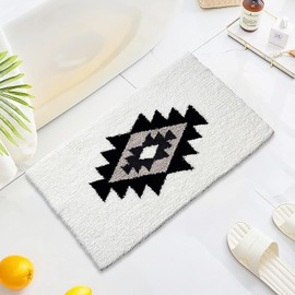 Boho Bath Rugs White Non Slip Washable Geometric Bath Mat Fluffy Soft Absorbent Bathroom Rugs for Bathroom Sink Shower Home Entryway Bohemian Farmhouse Decor 30"×20"