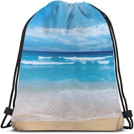 Beabes Summer Beach Drawstring Bags Backpack Bag Blue Ocean Coastal Nautical Theme Seascape Holiday Sea Water Time Sport Gym Sack Drawstring Bag String Bag Yoga Bag for Men Women