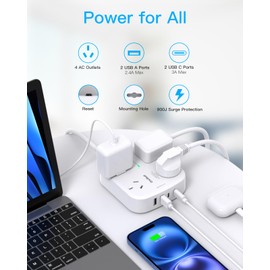 One Beat Surge Protected Power Board with 4 AC Outlets & 4 USB Ports (2×USB-C), 1.5M Extension Cord, AU Standard Travel Power Strip for Office, Dorm, Home Essentials